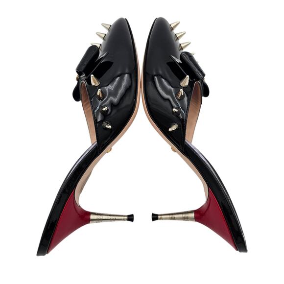 Gucci GG Bow Sadie Mid Heel Mule Spike Black Patent Leather Size 38 US 8 - Picture 9 of 13